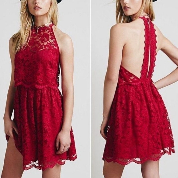 Free People Lost In A Dream Lace Halter Split Back Twofer Mini Dress Magenta 6 - Picture 15 of 15